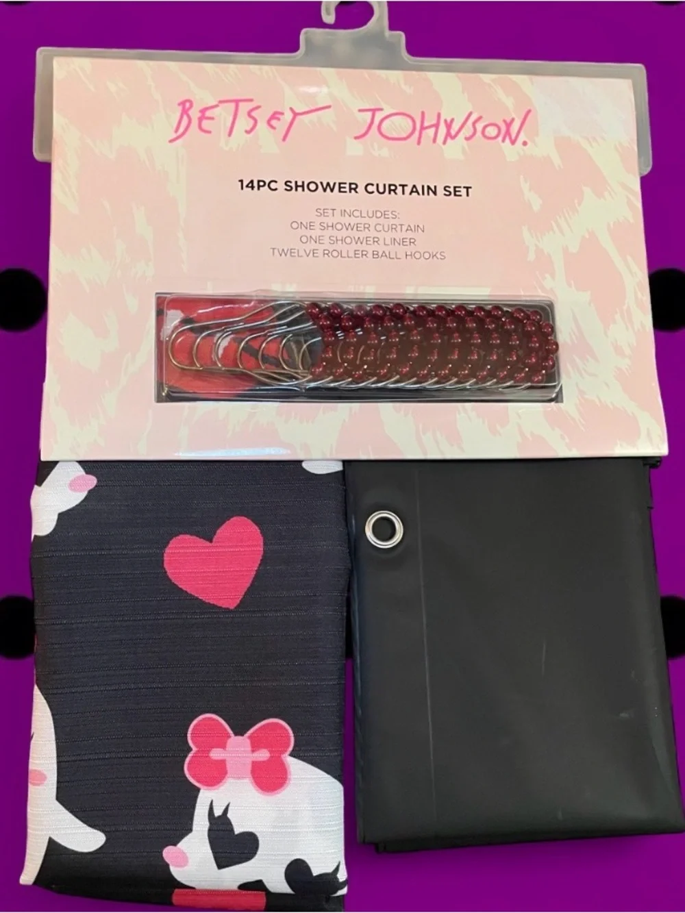 New Betsey Johnson Halloween Skulls & Pink Bows 14-Piece Shower Curtain Set